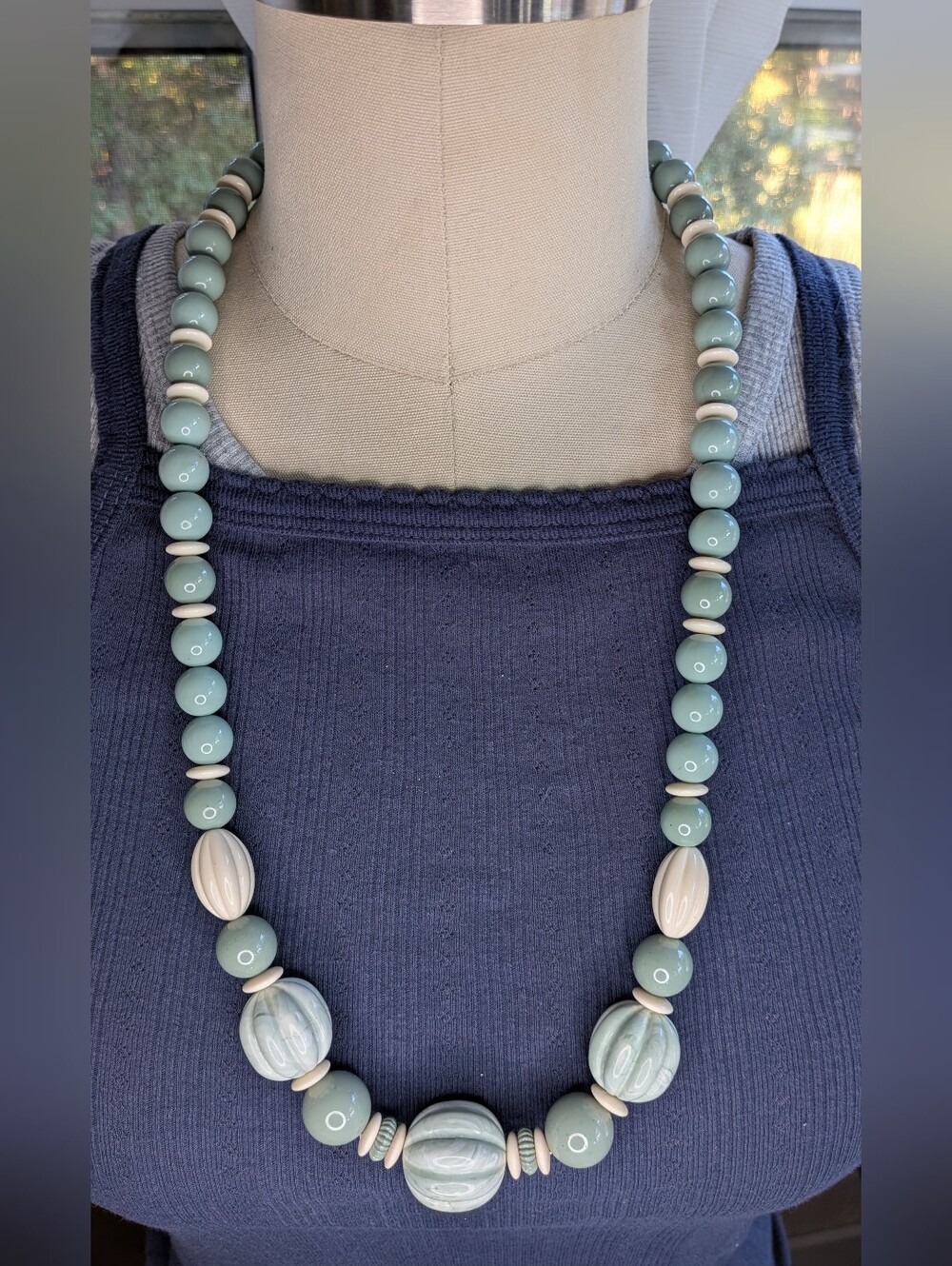 Vintage Sage Green Cream Acrylic Lucite Beaded Necklace Hidden Barrel Clasp